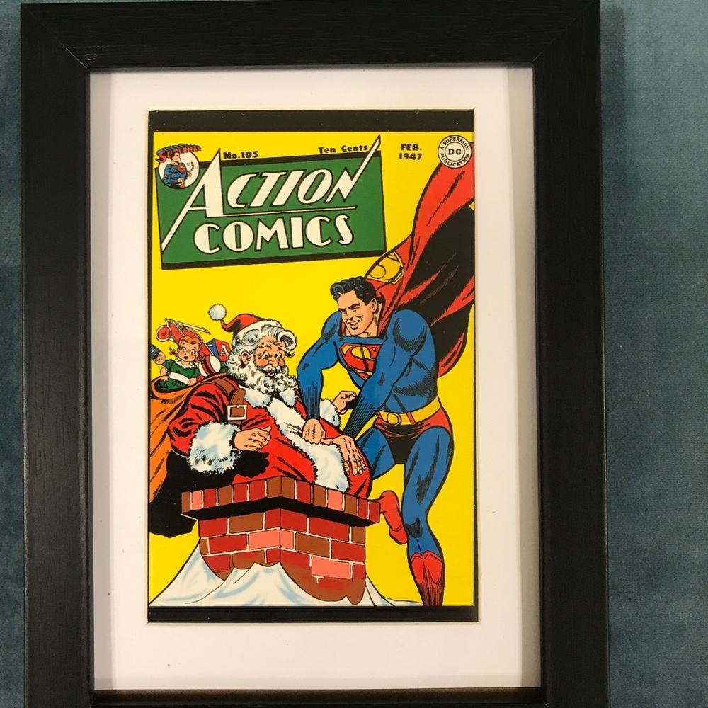 DC Comics Framed/Matted 6”x8” Postcard Art ACTION COMICS 105 Superman Santa 1947